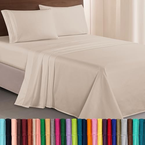 Elegant Comfort Luxurious 1500 Premium Hotel Quality Microfiber Three Line Embroidered Softest 4-Piece Bed Sheet Set, Wrinkle and Fade Resistant, California King, Cream