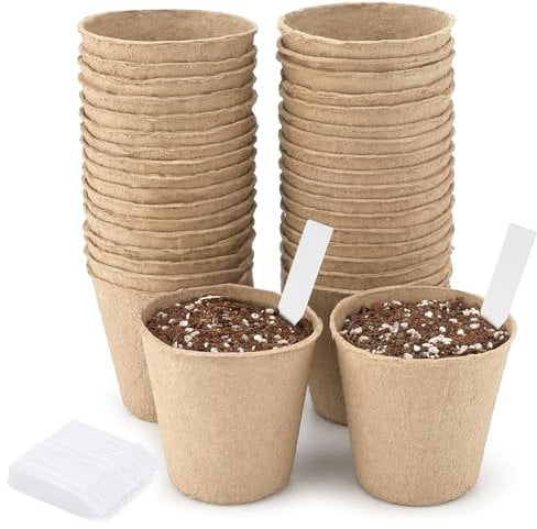 KINGLAKE Anzuchttöpfe Abbaubare 8CM, 50 Stück Aufzuchttöpfe, Pflanztöpfe Gemüse Anzucht Rund, Aussaattöpfe Anzuchtbecher, Pikiertöpfe Biologisch Mit 100 Stück Pflanzenstecker