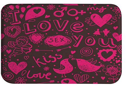A.Monamour Badematten Badteppiche Badvorleger Romantische Rosa Herzen Vögel Amors Pfeil Küssen Ich Liebe Dich Muster Valentinstag Dekore Motiv Flanell Türmatte Teppiche Matte Für Badezimmer 40x120cm
