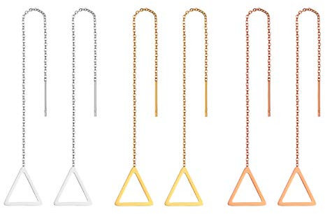 Flongo Damen Stäbchen Durchzieher Ohrringe Lange Quaste Einfädler Ohrringe Frauen Ohrhänger Ohrstecker Ohrkette Ohrseil mit Dreieck Rahmen Anhänger Silber Gold Rosegold 6 Stück Set