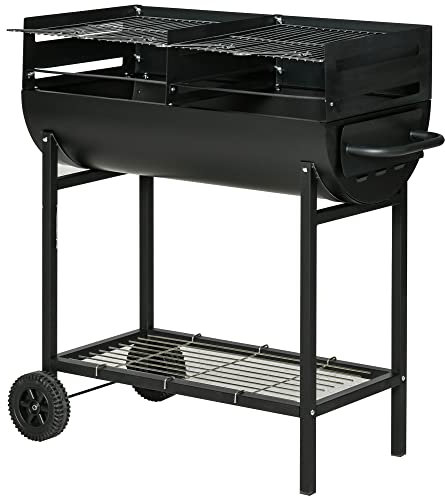 Outsunny Barbacoa de Carbón con Parrilla Ajustable en Altura para Exterior Barbacoa Portátil con Estante de Almacenaje y Ruedas 90x45x96 cm Negro