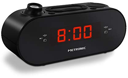 Metronic 477039 - Reloj Despertador Digital, sintonizador Am/FM, proyector 180º, Alarma Doble por Radio ó Buzzer, función Sleep/Snooze, Memoria 10 emisoras