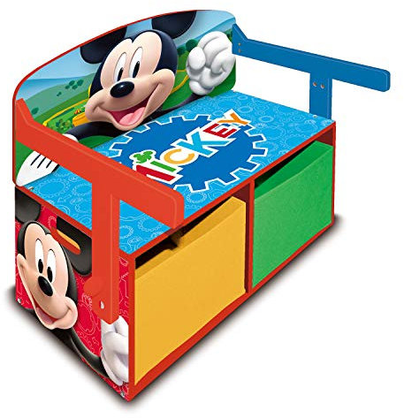 ARDITEX - Panchina scrittoio per bambini in legno convertibile in scrivania con vano portaoggetti inferiore di Topolino di Disney - 60x47x56cm - Colore rosso e blu