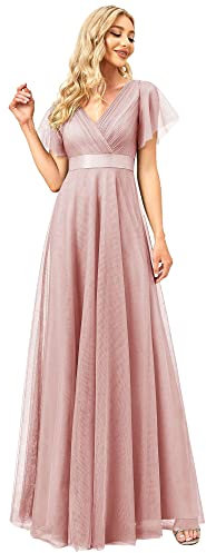 Ever-Pretty Robe de Demoiselle d'honneur Soirée Bal Col en V Manches Courtes A-Line Taille Empire Longue Tulle Femme Rose Clair 38
