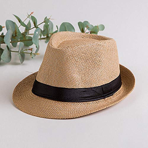 Sonnenhut Strohhut Hut Damen Heiße Männer Sonnenhut Panama Stroh Jazz Sommerhut Lässig Strand Sonnenschutz Unisex Frauen Hut Cowboy Gangster Cap Sonnenblende Hut-Khaki_58Cm