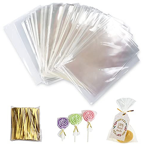 Gxhong 400 Stück Zellophanbeutel Transparent,10x15CM Süßigkeitentüten OPP Cellophanbeutel Keksbeutel Tütchen transparent klarsichtbeutel,mit 800 Metallischen Bindebaender,für Gebäcke Süßigkeiten