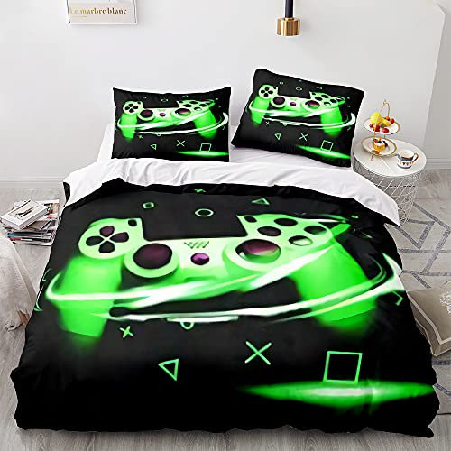 Gamepad-Bettwäsche-Set für Jungen Männer Videospiele Bettbezug für Teenager Kinder Spielzimmer Dekoration Schwarz Klassischer Retro-Gaming-Bezug mit Controller-Knopf (Grün,200 x 200 cm)
