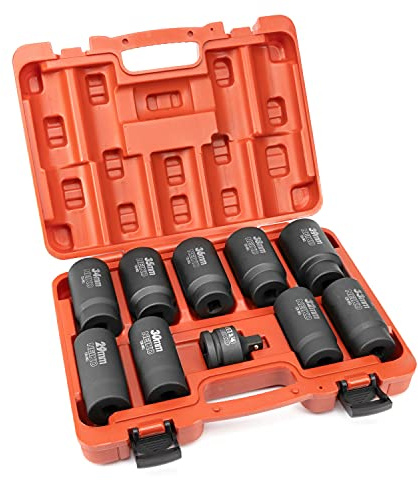 NEIKO 02531A 1/2 Drive Deep Impact Stecknuss | Spindel & Achse Nut Stecknuss Set | 10-teilig | 12-kant | metrisch 29-39mm | Cr-Mo | Schlagadapter | 3/4 auf 1/2 Reduzierstück