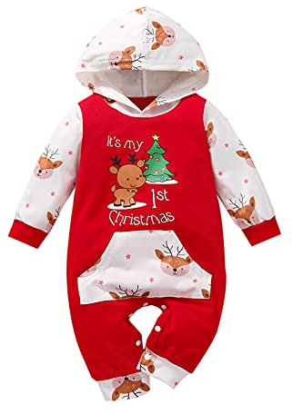 Loalirando Natale Pagliaccetto Neonato Invernale Body a Manica Lunga da Bambino Pagliaccetto con Cappuccio (Rosso, 0-3 Mesi)