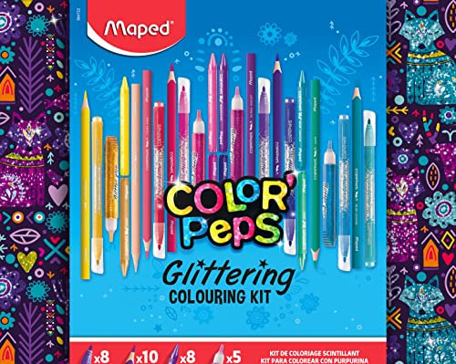 Maped, Color'Peps Sparkling Malset mit 8 Glitzer-Filzstiften + 10 Buntstiften + 8 Kreiden + 5 Tuben Glitzerkleber, dekorierte Box Sparkling 984723, Mehrfarbig