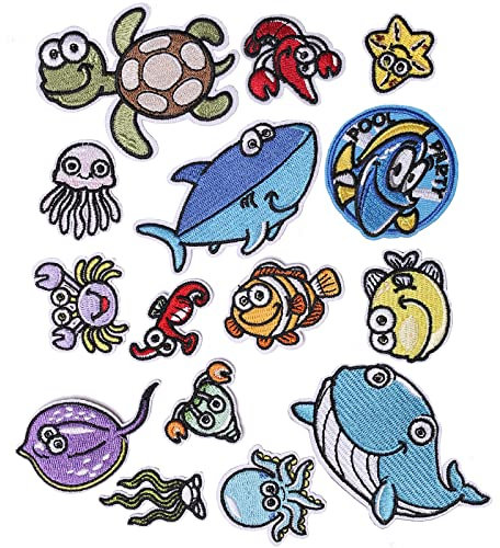 TACVEL 15 Pieces Ocean Animal Embroidered Iron on Patch, Iron on Patches Set, Sew On/Iron on Patch Applique for Clothes, Dress, Hat, Jeans, DIY Accessories