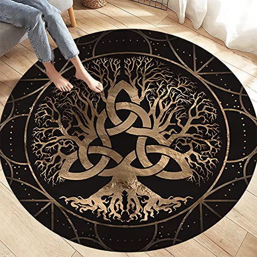 PBTMCD 3D-Druck Wikinger Muster Rund Bodenschutzmatte, Wohnzimmer-Matten Rutschhemmende Rückseite Stuhlkissen, Haus dekorieren Teppich,Tree of life6,120x120cm