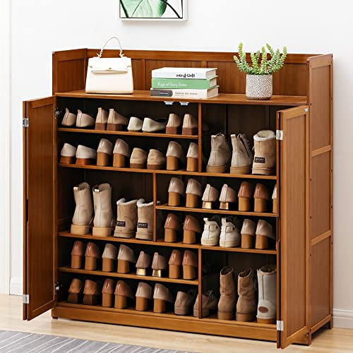 Schuhregal aus Bambus, Schuhschrank Hoch, Schmal Schuhablage mit 5 Ebenen, für 24-32 Paar Schuhe, Schuh-Organizer für Eingangsbereich Flur Diele Wohnzimmer, 117x35x100cm