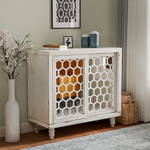 COSIEST Buffet buffet de 80 cm de large avec portes miroir et étagère réglable, armoire de rangement de cuisine avec portes coulissantes pour salle à manger, couloir, salon (blanc, motif nid d'abeille