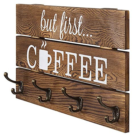 pologmase Soporte para café | Portavasos Madera rústico montado en la Pared con 4 Ganchos,Portavasos café para Restaurante para decoración rincón té Barra café