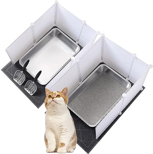 Tioncy 2 Set Stainless Steel Cats Litter Box Extra Large Metal Litter Box with 2 Cat Litter Scoop, 12 Litter Splash Guard and 2 Cat Litter Mat, Never Absorbs Odor, Easy Clean, 23.6 x 15.7 x 5.9 Inches