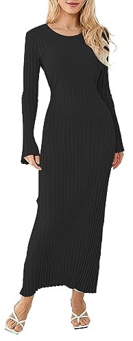Geagodelia Women's Black Ribbed Knit Maxi Dress, Long Sleeve, Crew Neck, Bodycon, Size M