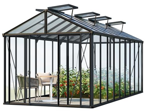GFP Gewächshaus Hera 9 Glasgewächshaus 263x575 cm Aluminium-Rahmen Farbe Anthrazit mit autom. Fensteröffner & Klapptisch
