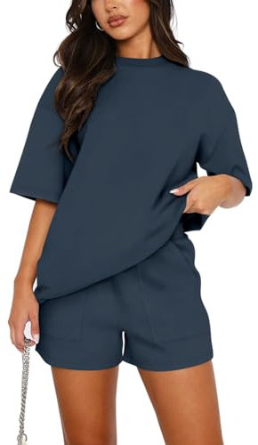 REORIA Damen Tracksuit Kurzarm Rundhalsausschnitt Einfarbig Zweiteiler Hausanzug Loungewear Outfit Jogger Trainingsanzug Set Marineblau L