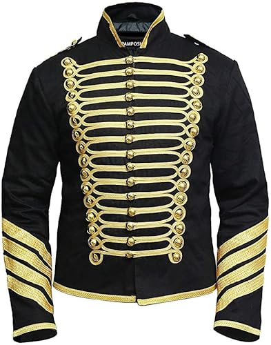 Pamposh Steampunk Hussar Military Drummer Parade Jackets - Emo Punk Mens Jackets - Napoleon Gothic Clothing - Marching Band Jackets (UK, Alpha, L, Regular, Regular, Black & Gold)