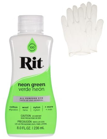 Rit Dye - Tinte líquido para tela, para manualidades, ropa y decoración, botella de 8 onzas, verde neón (guantes incluidos)