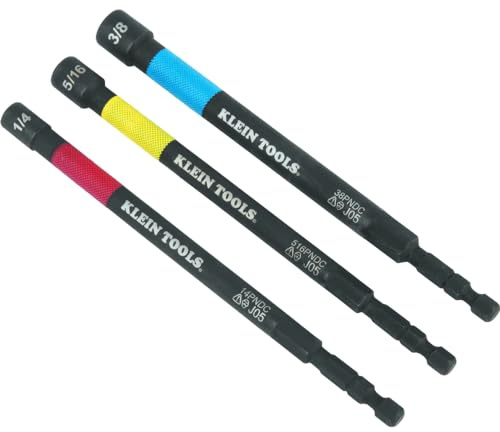 Klein Tools 65411PK3 Magnetic Color-Coded Power Nut Setter Set, 1/4-Inch Impact Hex Drive, 5-Inch Shaft, Extended Reach, 3-Piece