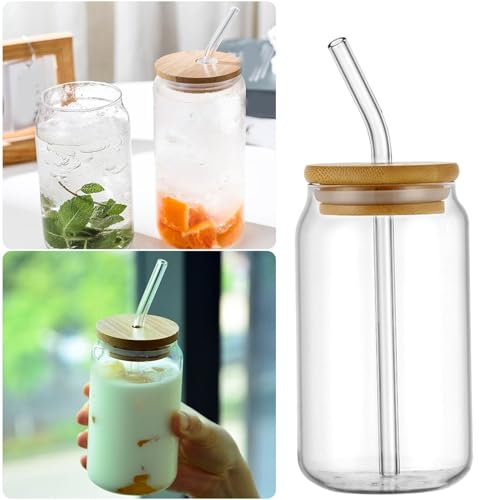 Verre a Eau Verre Canette avec Couvercle et Paille, Gobelet en verre 550ml/19oz Verre Bubble Tea avec Paille, Transparent Tasse à Café Glacé Verres à Bière en Forme de Canette