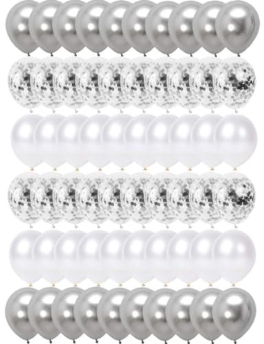 Luftballons Silber Metallic Weiß 60 Stück, Konfetti Balloons für Geburtstag, Babyparty, Hochzeit, Valentinstag, JGA, Abschlussfeier, Silvester Party Dekoration