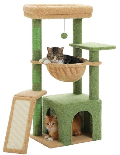 PAWZ Road Árbol de cactus para gatos de interior con condominio súper grande, 1 tabla de sisal, 3 postes rascadores, torre rascadora para gatos con hamaca grande y perca, 90 cm, verde