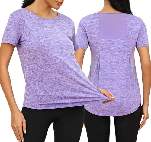 Wayleb T-Shirt Donna Maniche Corte T Shirt Sportiva con Collo Rotondo Maglietta Sport Maglie Estive Maglia Tee Manica Corta Fitness, Viola Rosa Chiaro XXL