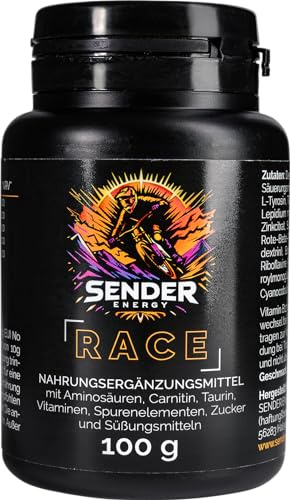 SENDER ENERGY RACE – Das einzige, hochdosierte Pre-Workout & Energy-Getränke-Pulver (100g) mit Aminosäure- und B-Vitamin Komplex, Zink, Selen, Ginseng, Maca – Koffeinfrei, Vegan & Tropischer Geschmack
