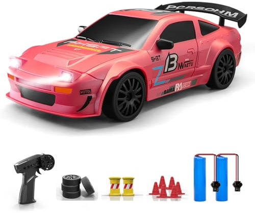 ACAMMZAR Voiture Télécommandée Drift, 1:24 20KM/H 4WD Voiture Télécommandée Tout Terrain Enfant Adulte, RC Drift Car pour Les Garcon de 5 6 7 8 9 10 Ans, avec lumières LED, Deux Piles, Rose