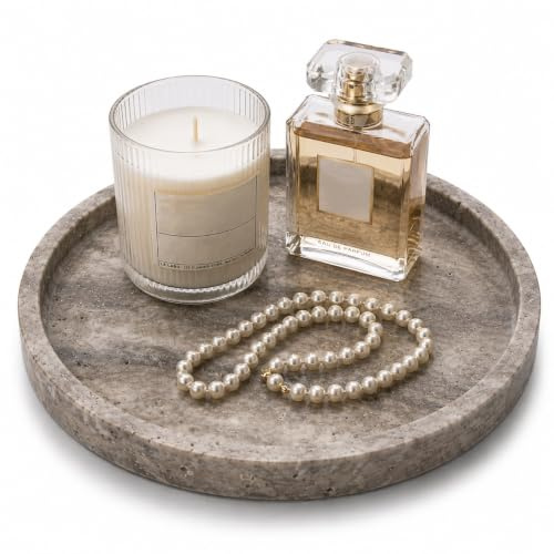 N NANSHOP Round Marble Vanity Tray, Gray Travertine,Natural Marble Stone Decorative Tray for Counter, Bathroom, Kitchen, Dresser, Nightstand or Coffee Table, Home Decor(NS024)