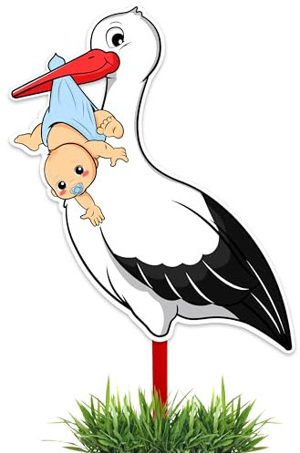 GLÜCKSGUT® Klapperstorch Baby Blau, 88 cm | 2-teiliges Set | Geburtsstorch inkl. Bambusstab + Grußkarte | Storch Geburt für Draussen & Drinnen | Geburtsgeschenk