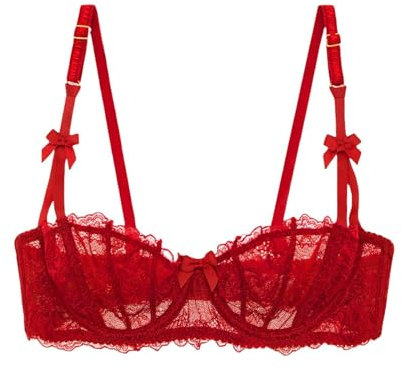 HLYLDL Women's Plus Size Lace Balconette Bralette Bra Push Up Underwire See Through Half Cup Bras Red