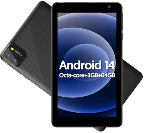 BAKEN 7 inch Android 14 Tablet, 8GB RAM + 64GB ROM, 3500 mah Battery, Octa-Core Processor, 5G WiFi, 1024 * 600 IPS, 2MP + 8 MP (Black)