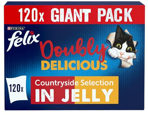 FELIX Doubly Delicious Adult Wet Cat Food Countryside Selection in Jelly Beef, Poultry, Chicken, Kidney, Lamb, Turkey, Liver 120 x 85g Pouches