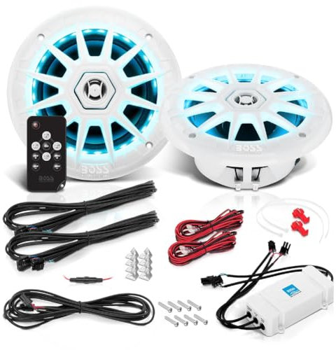 KIT SET PER BOSS AUDIO SYSTEMS MRGB65 2 altoparlanti marini full range a 2 vie da 6,5 16,5 cm 165 mm, 100 watt rms 200 watt max, 4 ohm, impermeabili, con led rgb, a coppia + telecomando