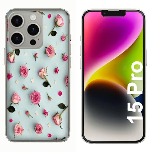 Generico Cover compatibile con Cover Apple iPhone 15 Pro Primavera Rose con Sfondo Azzurro/Gel di silicone morbido TPU