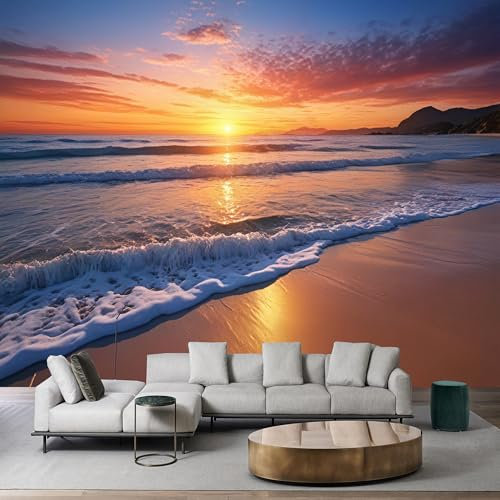 Custom Size Beach Sunset Orange Glow Sea Peel and Stick Wallpaper - Removable Self-Adhesive Mural for Living Room, Bedroom & Tropical Decor
