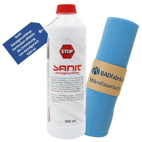 BADfabrik24 SANIT KanalgeruchStop 500 ml Flasche Art.-Nr. 3208 + Mikrofasertuch – verhindert Geruchsbildung in Siphons, ideal für selten genutzte Abflüsse, rückstandsfrei, inkl. Reinigungstuch 40×40