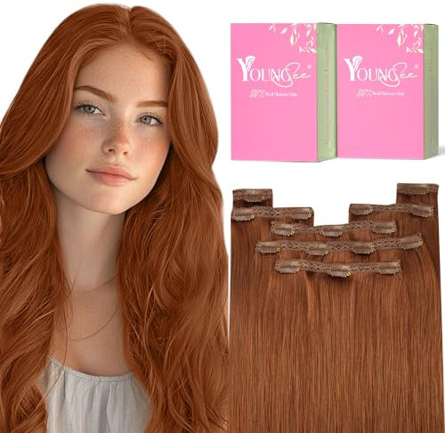 YoungSee 16Inch 120g 7pcs Clip in Hair Extensions Real Human Hair Copper Clip in Hair Extensions Copper Add Volume Double Weft Lace