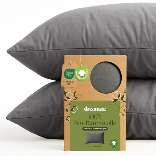 Dreamzie - Kissenbezug 40x80cm - 2er Set - 100% Bio-Baumwolle - Anthrazit | GOTS & Oeko-Tex zertifiziert · mit Reißverschluss · Kopfkissenbezug & Kissenhülle · Jersey · atmungsaktiv · waschbar 60°C