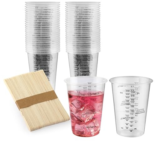 50PCS Resin Epoxy Mixing Cups, DQELFA 8oz Clear Plastic Paint Measuring Cups with 50pcs Wooden Stirring Sticks for Epoxy Resins, Mixing Paint, Pigments, Resins