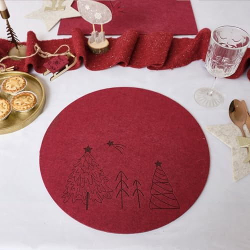 Melody Maison Set of 4 Dark Red Round Felt Placemats with Tree Detail