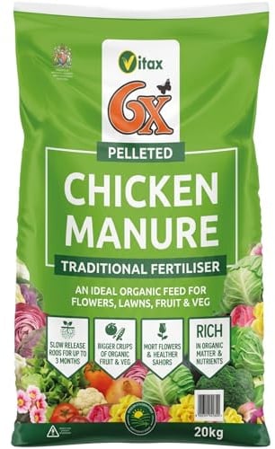 Vitax 6X Pelleted Chicken Manure 20kg | 100% Organic Fertiliser | 6x Richer Than Farmyard Manure | Slow Release | Vegetables Flowers Lawns Roses Trees | Weed Free | Soil Conditioner
