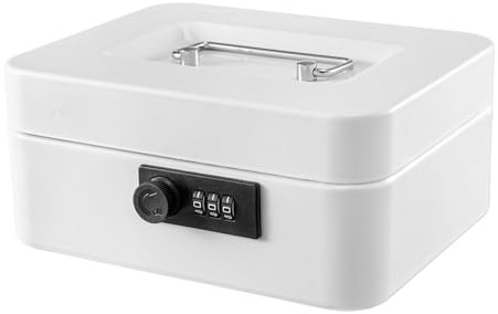 SUNNYNEST Cash Box Lockable Metal Money Box Portable Removable Lid Coin Box 25 * 19.5 * 9CM Secure Safe for Home Office and Small Valuables (White)