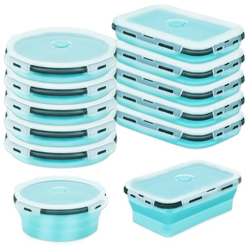 10 Pack 1200ml Collapsible Food Containers with Lids, Silicone Lunch Box | Foldable Food Storage Boxes, Snap Buckles, Leakproof BPA Free, Microwave Freezer Dishwasher Safe, for Camping Travel, Blue