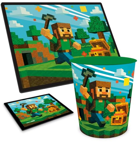 itenga KIDS Motive Serie Schreibtisch-Set 3-teilig – Schreibunterlage 40x53 cm + Mauspad 21x18 cm + Papierkorb 11 L – abwischbar & rutschfest, robust (Blockgame Pixel)
