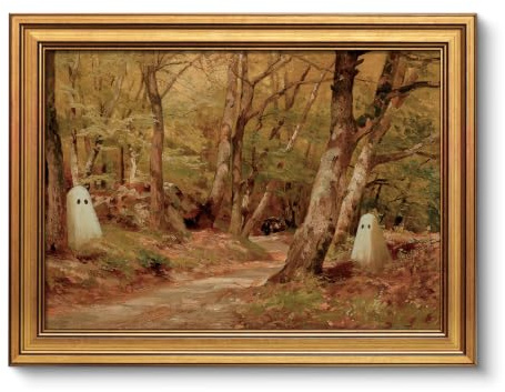 ARPEOTCY Vintage Leinwand Bilder, Herbst Landhaus Wald mit Geist Wandbild | Retro Herbst Deko, Kunstdruck Leinwand, Geister Poster Bilder mit Goldrahmen Wohnzimmer, Ghost Season Zimmerdeko 40 × 30cm
